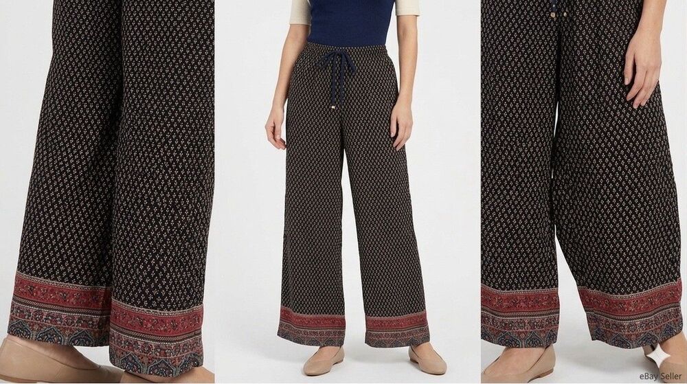 Lauren Ralph Lauren Pants Womens 16 Black Boho Wide‎ Leg Geometric Print Elastic